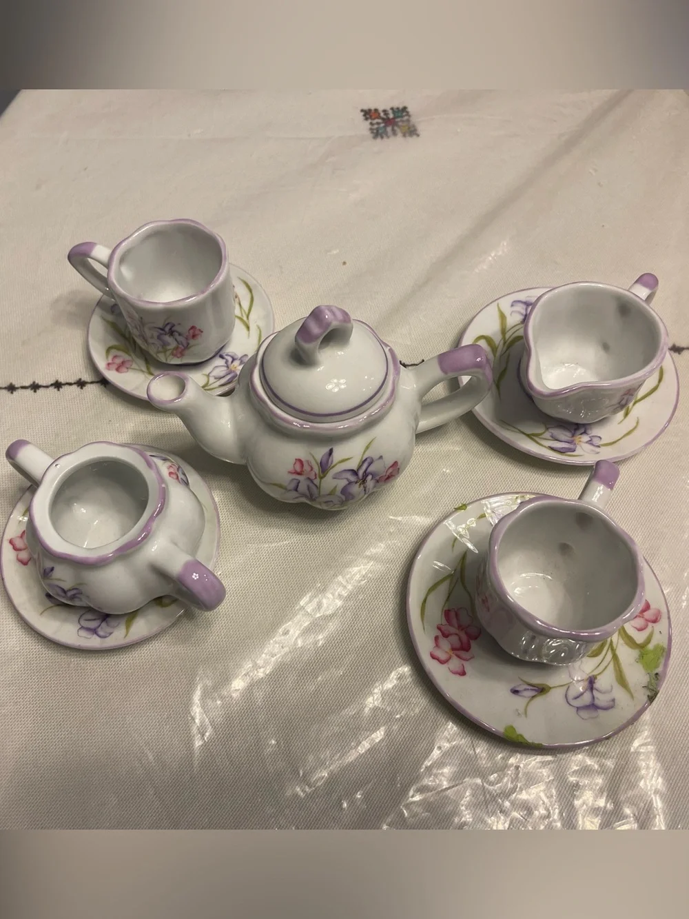 Delton Products Porcelain Miniature Tea Set Purple Floral Iris